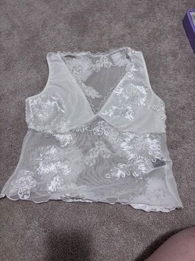 Sheer Floral Embroidered White Lace Tank Top